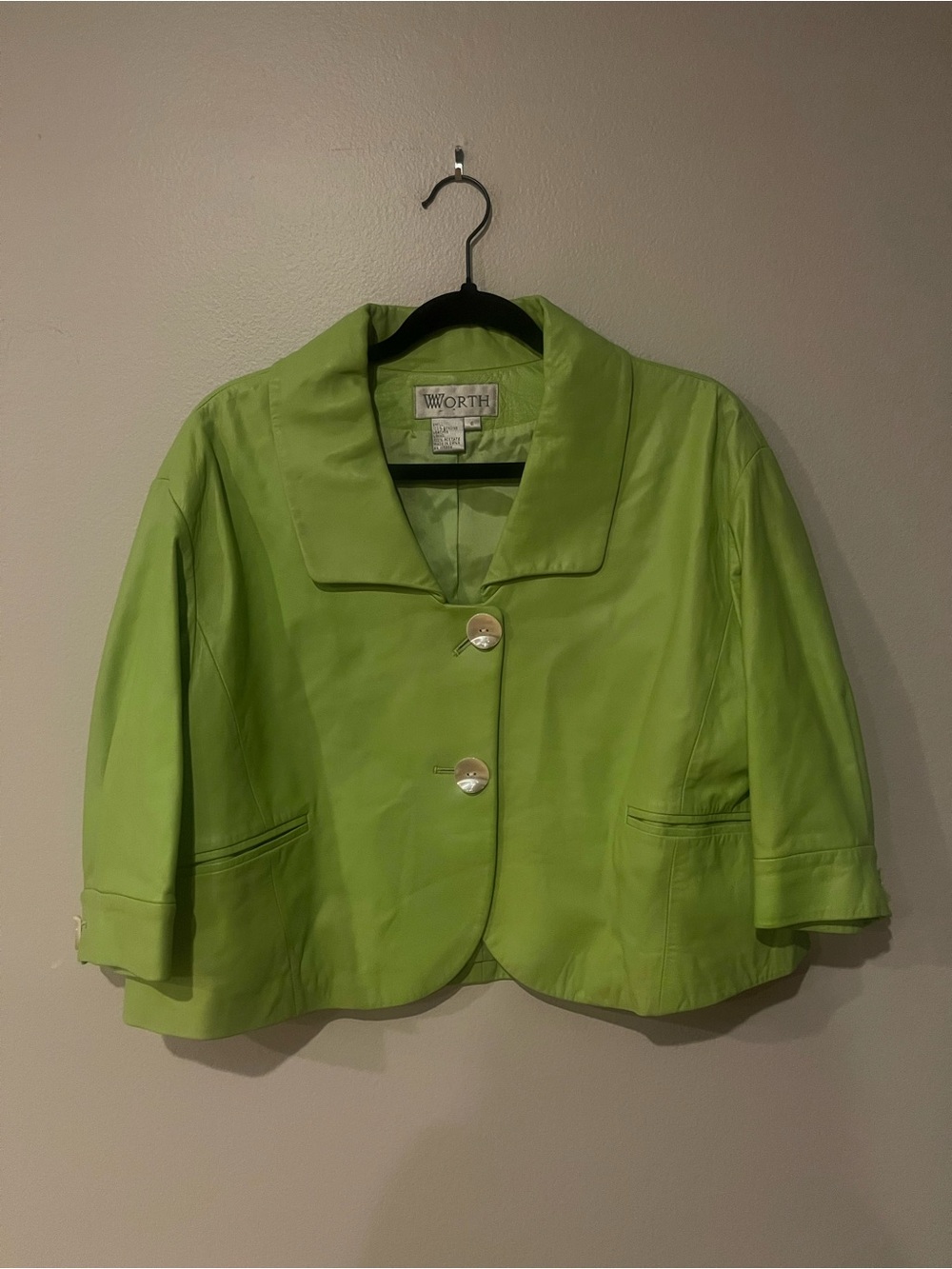 WORTH Lime Green Genuine Leather Cropped Blazer Jacket Size 6